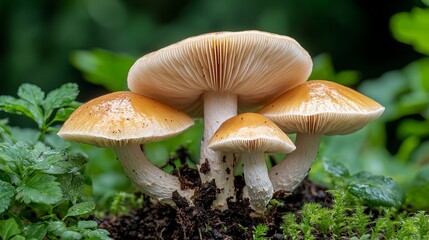 Wild Mushrooms Growing on Forest Floor