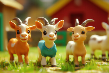 3D goat and kid toys on the farm, cartoon pet characters, kids toys background, concept for children's products