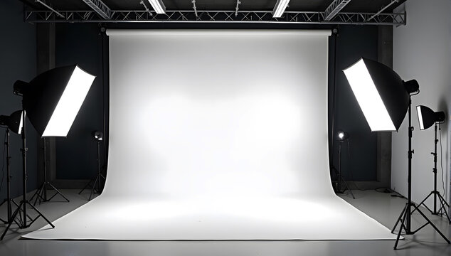 minimalist studio setup with a smooth grey floor seamlessly transitioning into a white cyc wall dramatically lit by overhead spotlights
