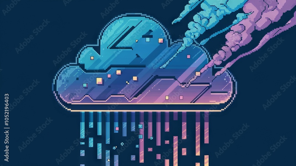 Poster pixel cloud data rain. digital rain from a vibrant pixel cloud; symbolizes data flow, innovation, an
