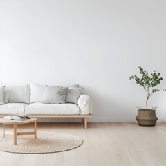 A minimalist white living room featuring a couch, wooden elements, potted plant, and bright, airy vibes.