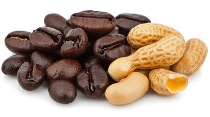 A close-up of coffee beans and peanuts arranged on a white background.