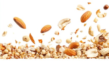 A dynamic arrangement of various nuts scattered against a white background.