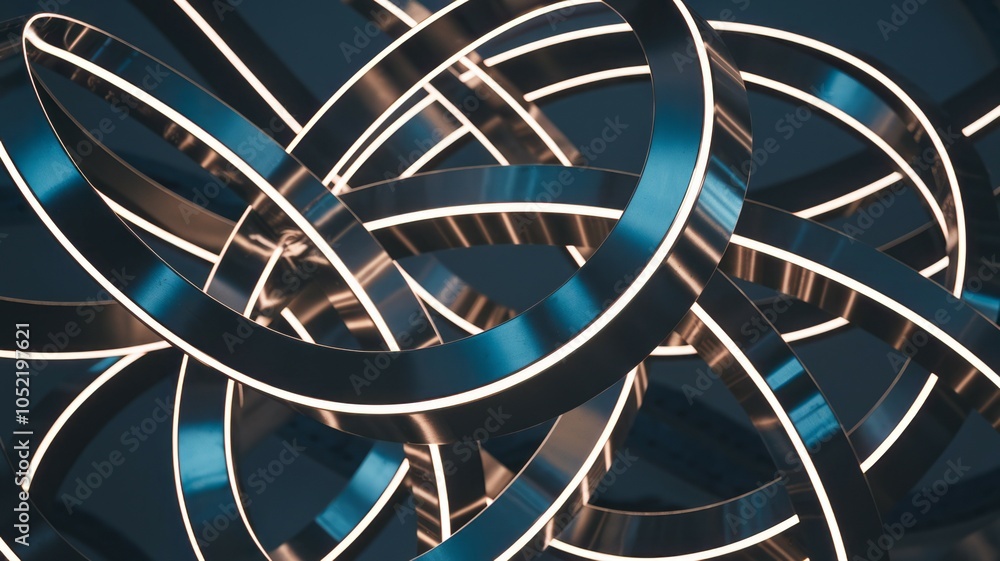 Poster abstract metal rings art. illuminated metallic circles intertwine, symbolizing connection and comple