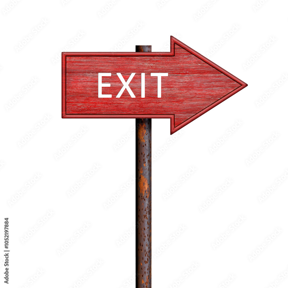 Poster red wooden arrow sign with exit inscription on rusty pole. direction pointer to the right. signboard