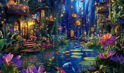 Obraz premium Enchanted forest pond with glowing houses and fish.