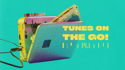 Poster. Contemporary art collage. Tunes on the Go. Vintage portable cassette player with cassette...