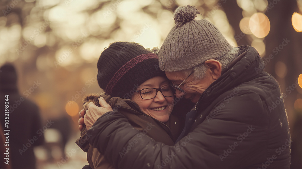 Wall mural Elderly Couple Embracing in Winter - Love and Togetherness