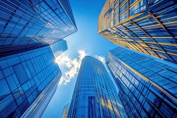 Low angle view of modern skyscrapers against blue sky and clouds.