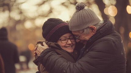 Fototapeta premium Elderly Couple Embracing in Winter - Love and Togetherness