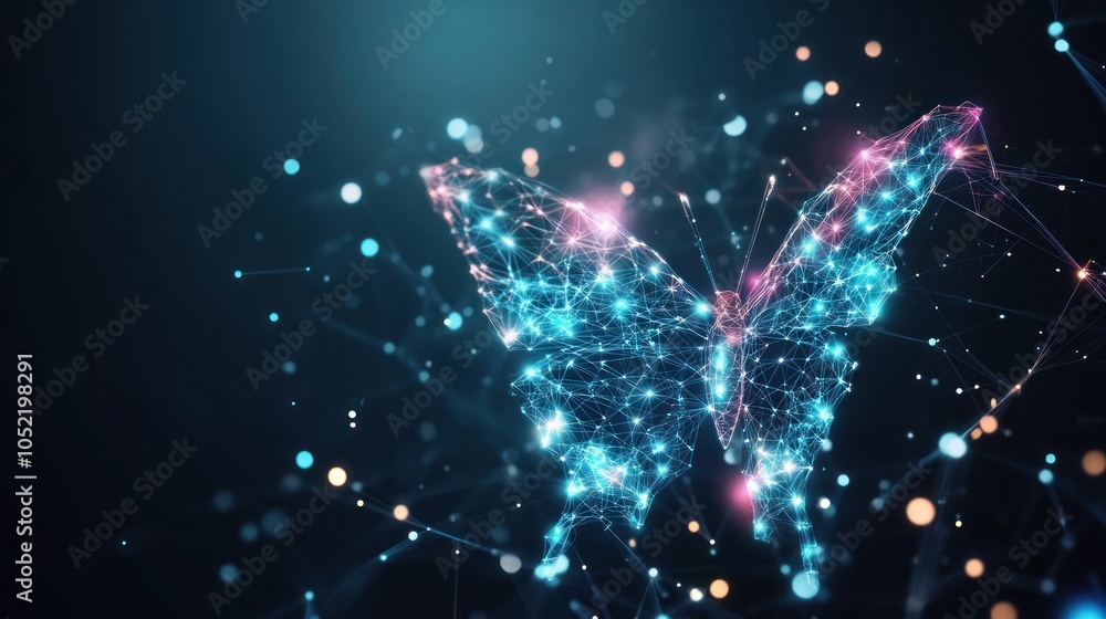 Poster digital butterfly with glowing particles on a dark background, representing transformation and freed