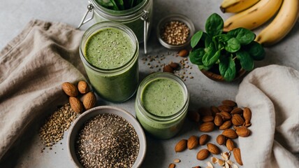 Fototapeta premium Healthy green smoothie preparation with fresh ingredients on a kitchen counter
