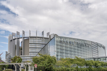 European Parliament glass building view from  Ill river, Strasbourg, France