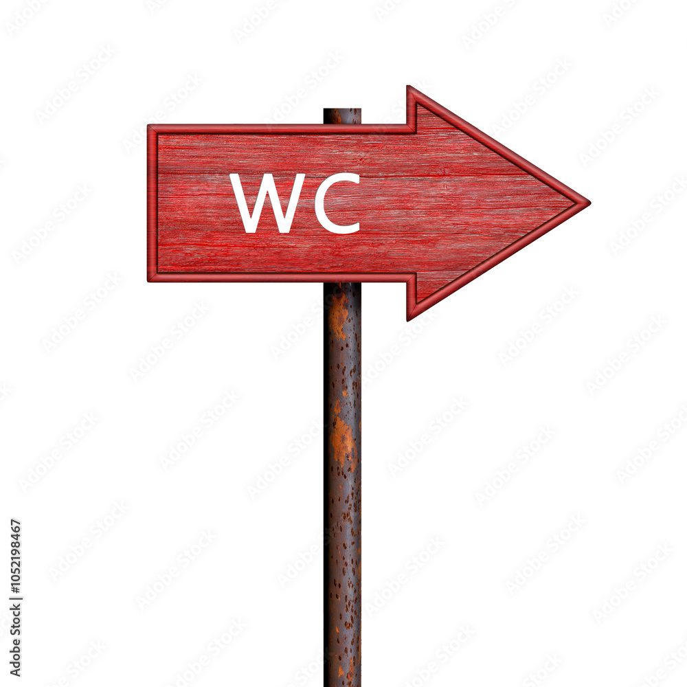 Poster red wooden arrow sign with wc inscription on rusty pole. direction pointer to the right. signboard i