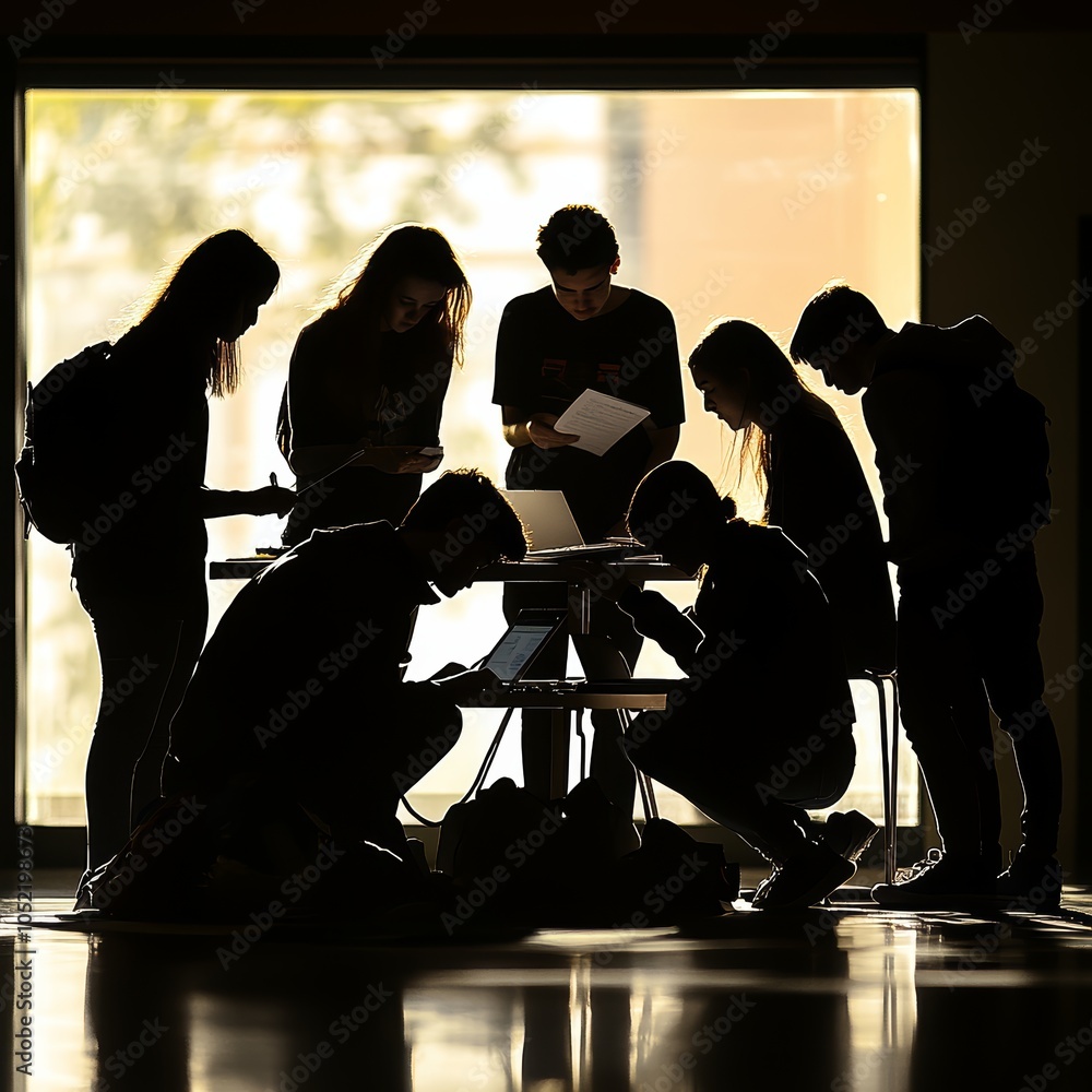 Aufkleber students engaging in collaborative work in silhouette, creating a dynamic learning atmosphere.