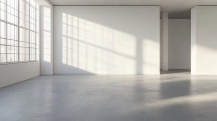 Fototapeta premium A spacious, empty room features large industrial-style windows allowing sunlight to stream in and cast dramatic shadows on the floor.