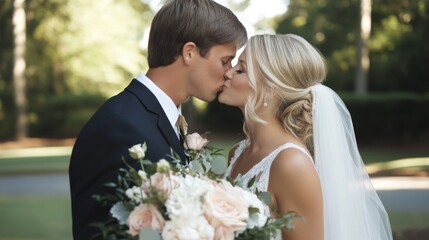 Bride and groom kissing on their wedding day with a beautiful bouquet. Romantic matrimonial celebration moment.