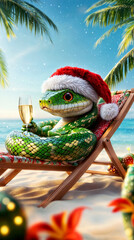 Festive Funny Snake Relaxing on a Beach Lounger with Santa Hat and Champagne