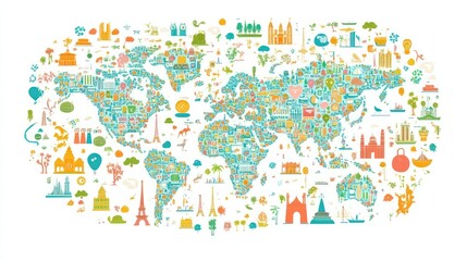 A colorful illustrated world map featuring landmarks and cultural symbols.