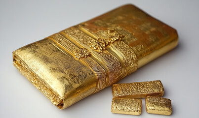 Fototapeta premium stack of shiny gold bars and large gold bullion bar on white background