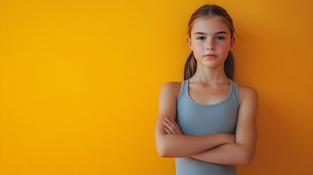 Portrait shot of a curious and inquisitive teenage Russian girl dressed in a sporty tank top and leggings posing thoughtfully with natural lighting against a plain saffron colored background