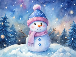 Watercolor Christmas Snowman with Blue Santa Hat and Pink Scarf for Festive Celebrations and Holiday Decor