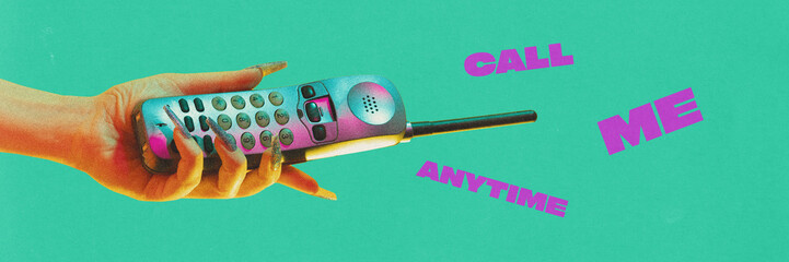 Banner. Contemporary art collage. Call Me Anytime. Hand with long, glittery nails holds vintage...