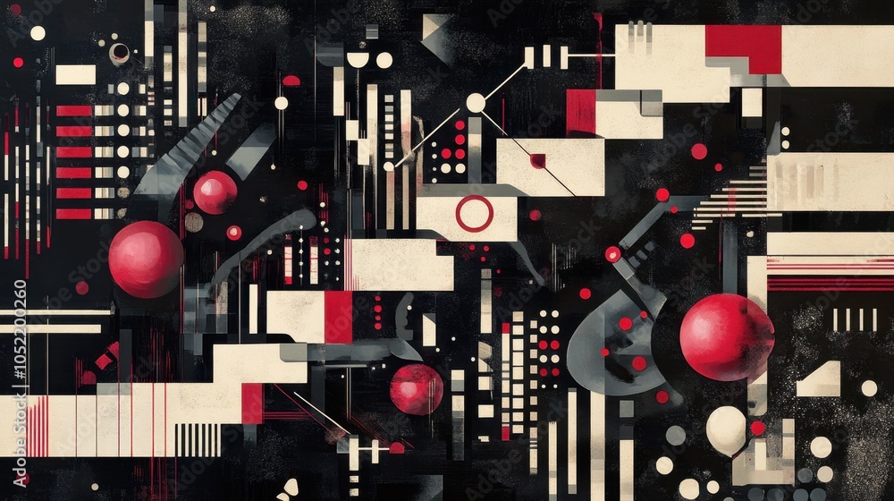 Poster abstract red and black geometric artwork featuring circles and lines interwoven with stark white ele