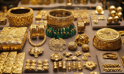 Fototapeta premium collection of beautiful gold jewelry with green gemstones