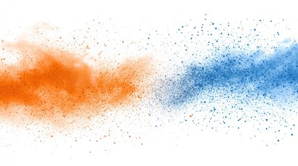 Abstract illustration of orange and blue powder particles blending together.