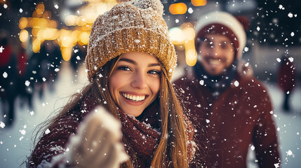 Young couple with bobble hats. They laugh happily and have fun in wintry, urban environment