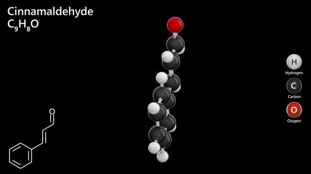 Cinnamaldehyde. Cinnamon. Animated 3D model of a molecule. Molecular formula: C9H8O. Chemical model: Ball and stick. Black background. 3D rendering.