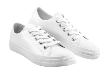 Two white Converse sneakers are shown. on transparent background.