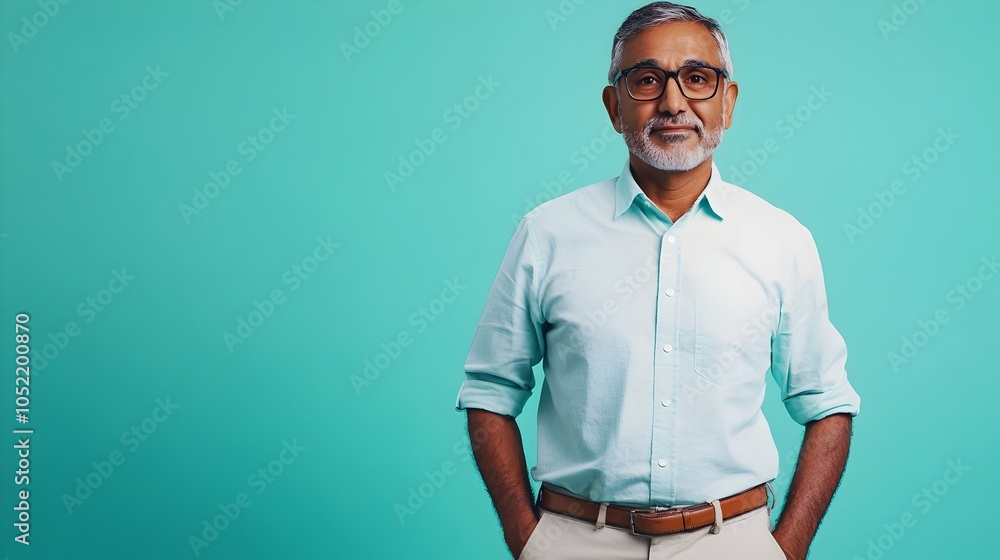 Poster full body shot of a middle aged indian man with a curious thoughtful expression dressed in a crisp b