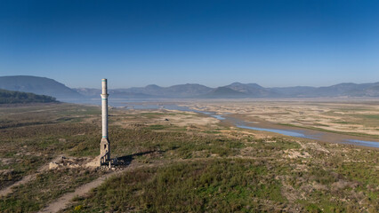 A dry dam in a dry and drought-affected area. Tahtali Dam, izmir. Turkey