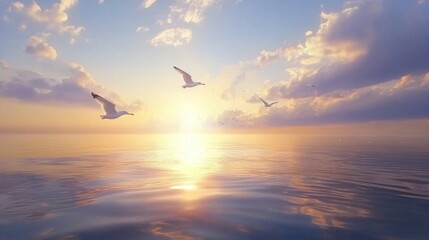 Fototapeta premium Beautiful sunset over a calm ocean with seagulls flying in the sky. Peaceful seascape with birds in flight.