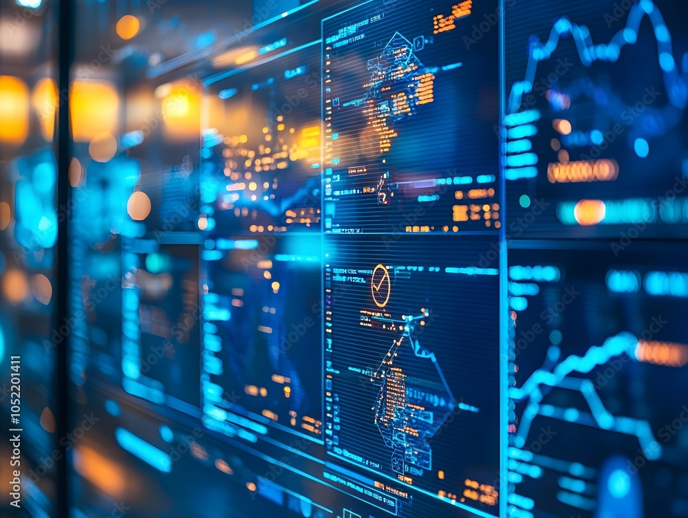 Poster digital monitoring dashboard displaying cybersecurity threats in real time for company s it departme