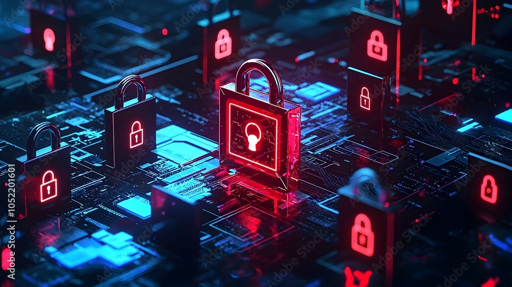 Poster cybersecurity defense blocking ransomware threats with digital locks and warnings