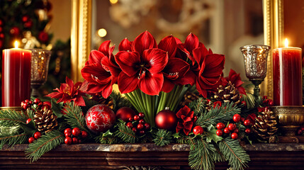 Festive Holiday Decorations with Red Amaryllis Flowers, Candles, and Christmas Ornaments on Mantelpiece.Winter Christmas, Advent still life.