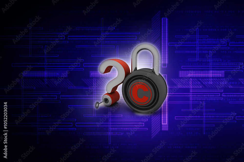 Poster 3d rendering question mark with copyright lock