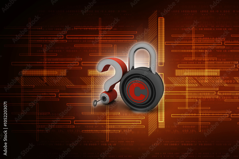 Poster 3d rendering question mark with copyright lock