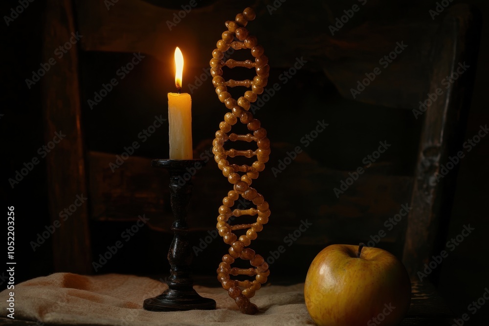 Poster a glowing candle illuminates dna model and an apple on a rustic table in a darkened room, creating a
