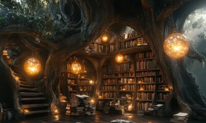 Enchanted treehouse library with glowing lanterns.