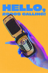 Poster. Contemporary art collage. Hello 2000s calling. Female hand with long glittery nails holding retro phone against vibrant yellow background. Concept of nostalgia, retro, pop art, 90s. Y2k style.