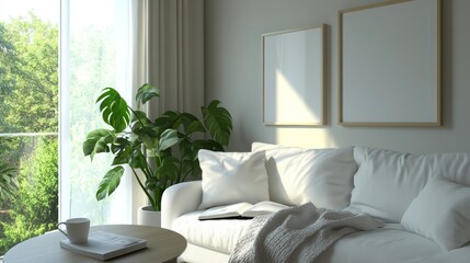Living room with white sofa, green plants next to the sofa. 