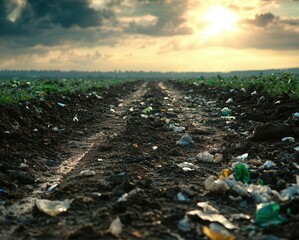 Obraz premium A landfill site stretching towards the horizon, illustrating the growing environmental impact of consumer waste
