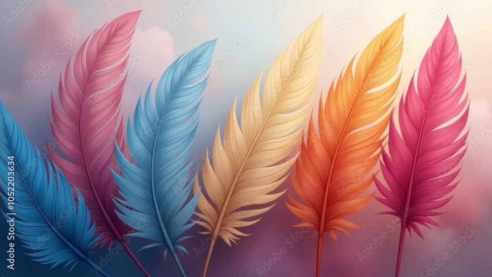 Poster A colorful array of feathers with a blue feather in the middle