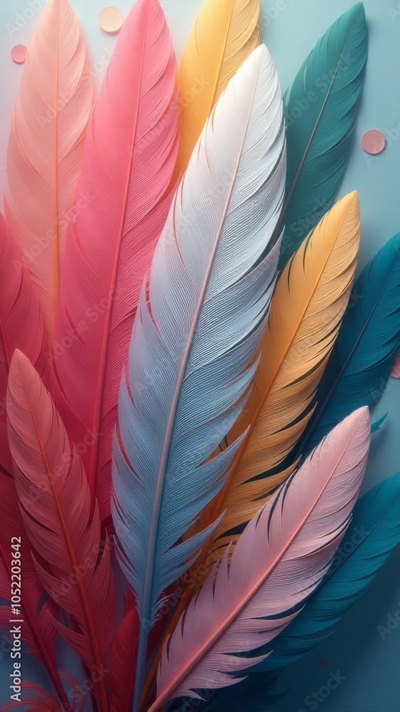 Poster A colorful array of feathers with a blue feather in the middle