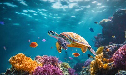 Fototapeta premium Sea turtle swims over coral reef.