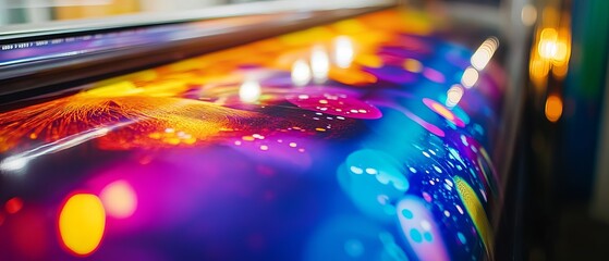 Large format printer in operation, poster printing. Calibrating printer.	
